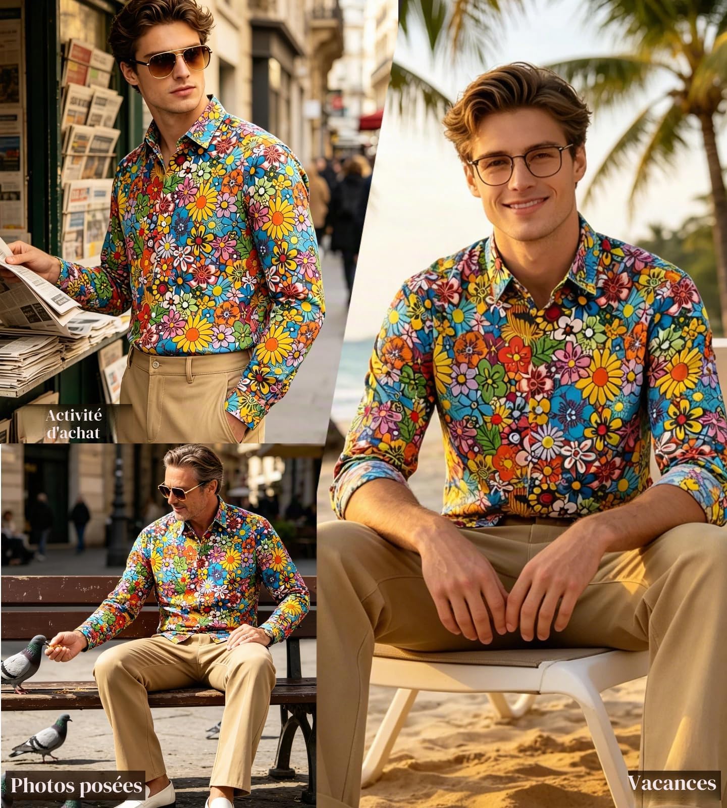 Ensemble de costume disco des années 70 - Hippie - Pour homme - Avec pantalon évasé - Chemise - Pour carnaval des années 50, 60, 70, cosplay, Halloween