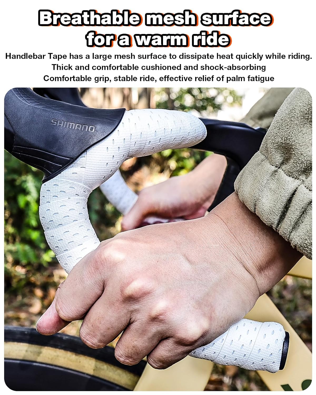 Bike Handlebar Tape for Road Bike, EVA Bicycle Handlebar Tape with Silicone Surface, Shock-Absorbing Non-Slip Bike Grip Tape, Stain-Resistant, with Aluminum Bar Plugs(Set of 2, White)