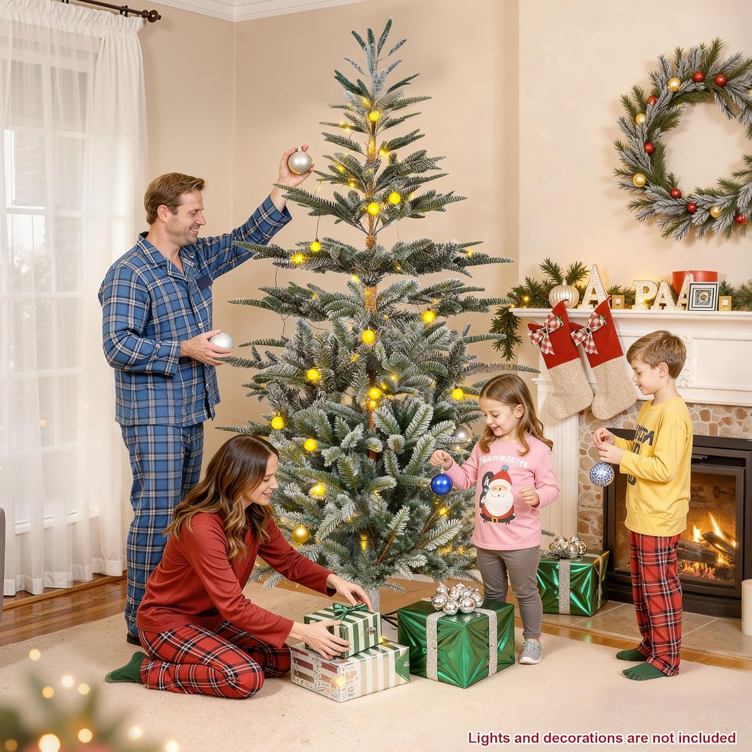 7ft Flocked Christmas Tree, Artificial Noble Fir Christmas Tree, Slim Folcked Xmas Tree for Home Office Party Decoration (Green-Frosted, 7FT)