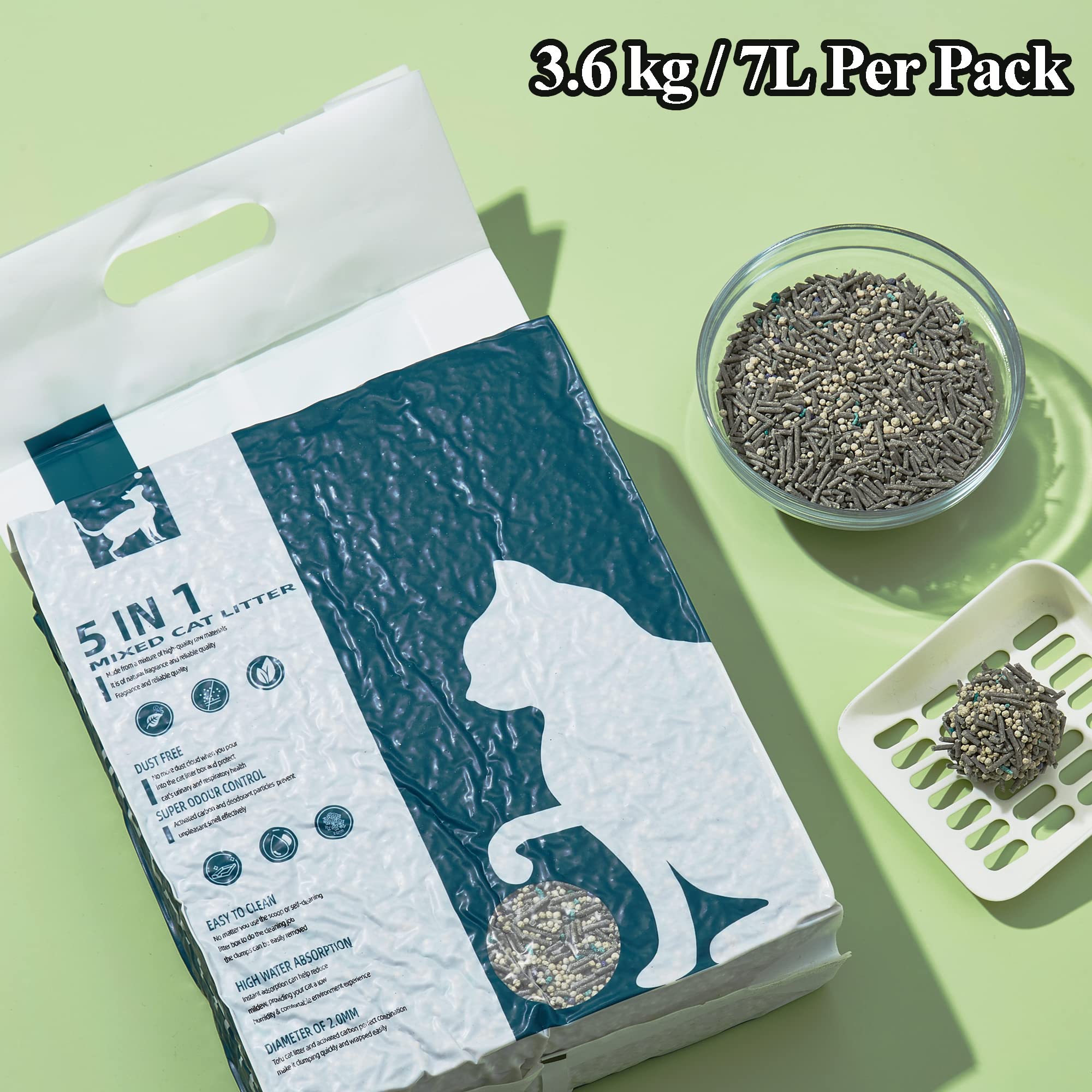 Vealind Tofu Lettiera agglomerante per gatti, lettiera mista 5 in 1, inodore, senza polvere, lavabile, controllo degli odori, ad asciugatura rapida (1 confezione-3,6 kg)