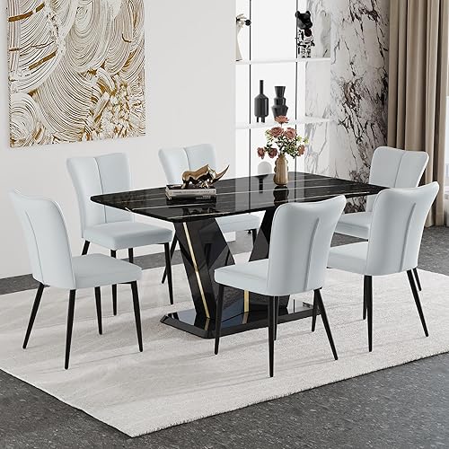 Miniatura 16 de Juego de mesa de comedor de mármol para 6, 7 piezas, juego de mesa de comedor rectangular moderna de 63 pulgadas para 6, juego de comedor de 6 Mesa