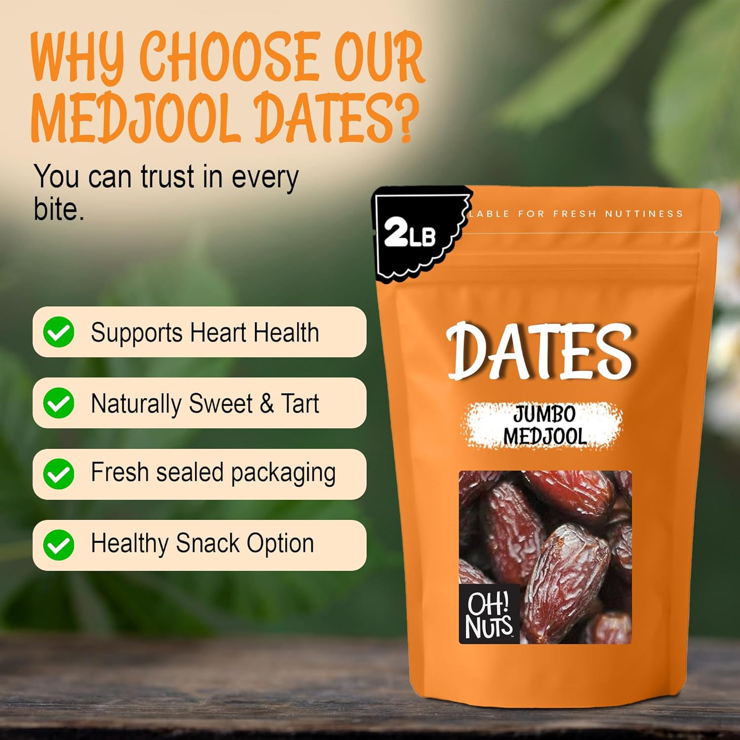 Oh! Nuts Jumbo Medjool Dates - Dried Dates - 2 lb - Unpitted Medjool Dates - No Sugar Added - Dehydrated Fruit Snack