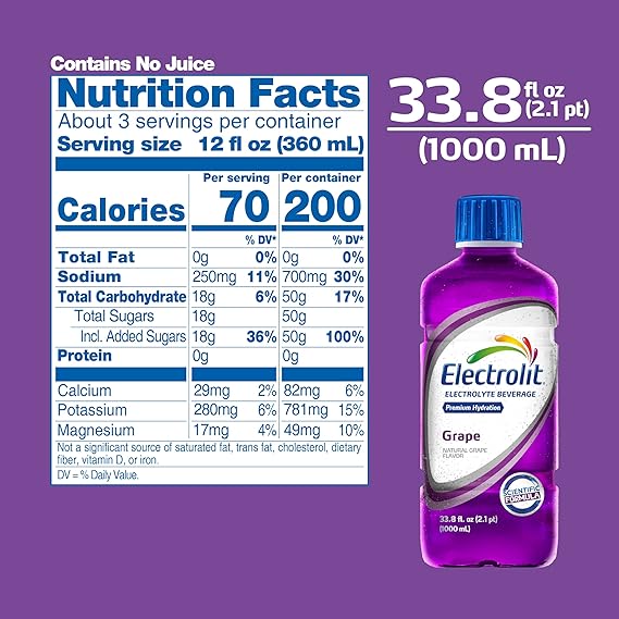 Electrolit Hydration Electrolyte Drinks, Sports Beverages with Electrolytes, Magnesium, Calcium & Potassium, Recovery Drink for Post Workout, 6 Pack (Grape)