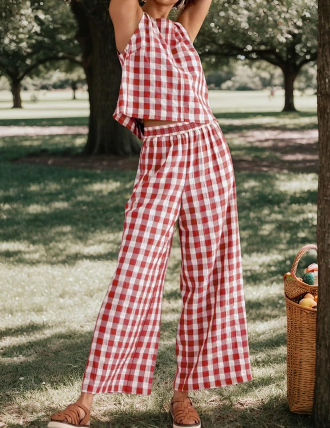 Womens 2 Piece Outfits Gingham Set Summer Cotton Plaid Pajamas Y2k Sleeveless Top Summer Wide Leg Pants Matching - Image 4