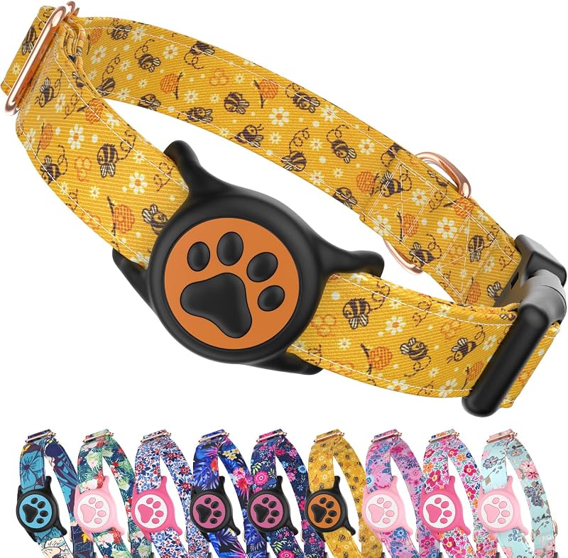 Coleira para Cães com Suporte Impermeável para AirTag e Fivela com QR Code WhoseID, Algodão Macio, Tamanho Ajustável