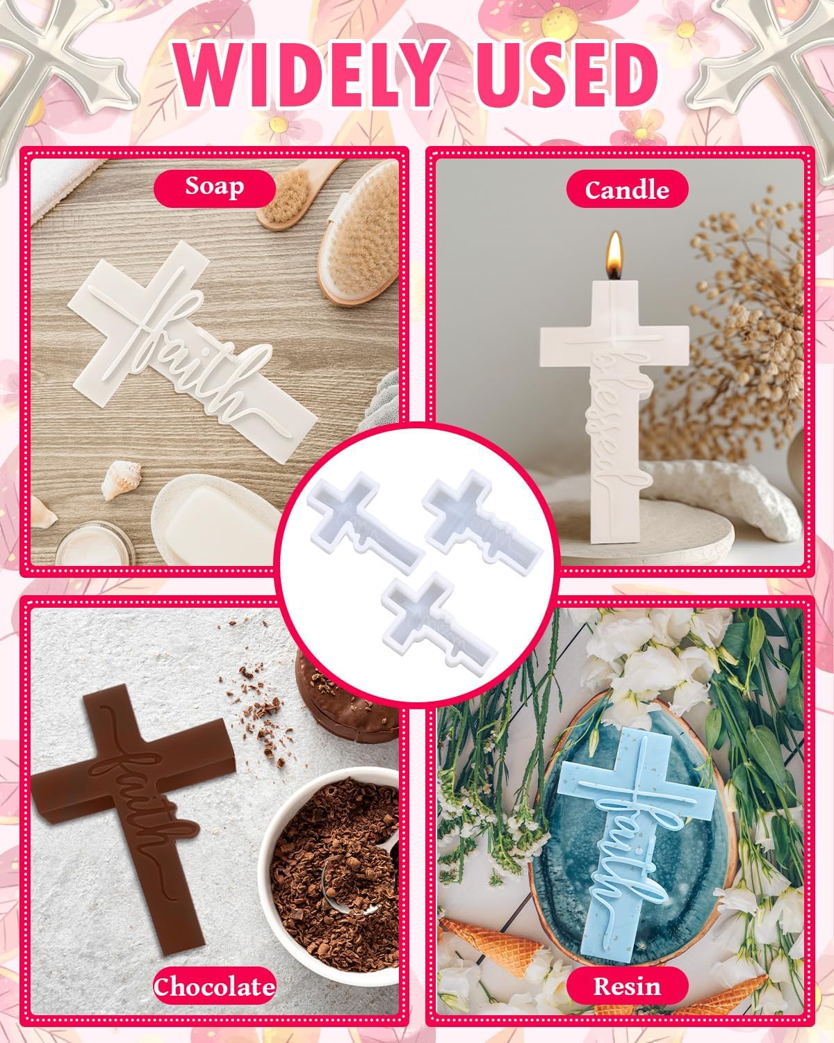 3 PCS Cross Freshie Molds - Blessed and Faith Silicone Cross Molds for Resin, Chocolate, Soap, Candle, Aroma Beads, and DIY Crafts - Perfect for Car Freshies, Home Decor, and Religious Gifts