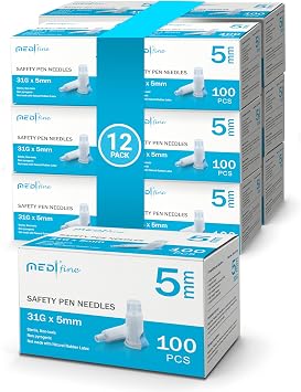 Medt - Fine Insulin Pen Needles Safety Type 31G 5mm - Diabetic Needles for Insulin Injections, Ultra Fine Compatible with Most Diabetes Pens, Gamma Sterilized - 12 Boxes of 100ct Bulk