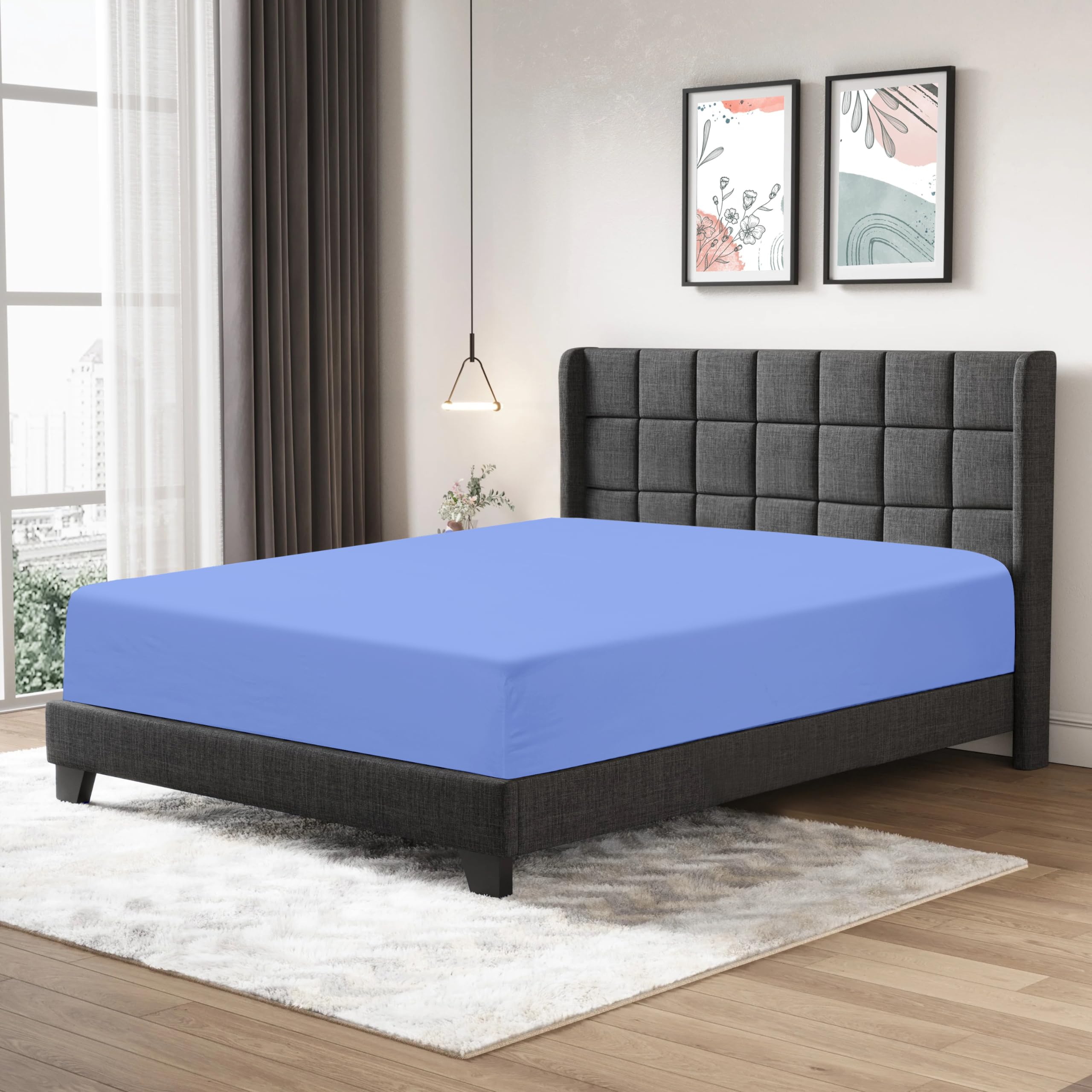 Fitted Sheet 25cm Deep Mattress Pocket 100% Egyptian Cotton 200 Thread Count Soft & Fade Resistant Bottom Fitted Bed Sheet (Blue, King)
