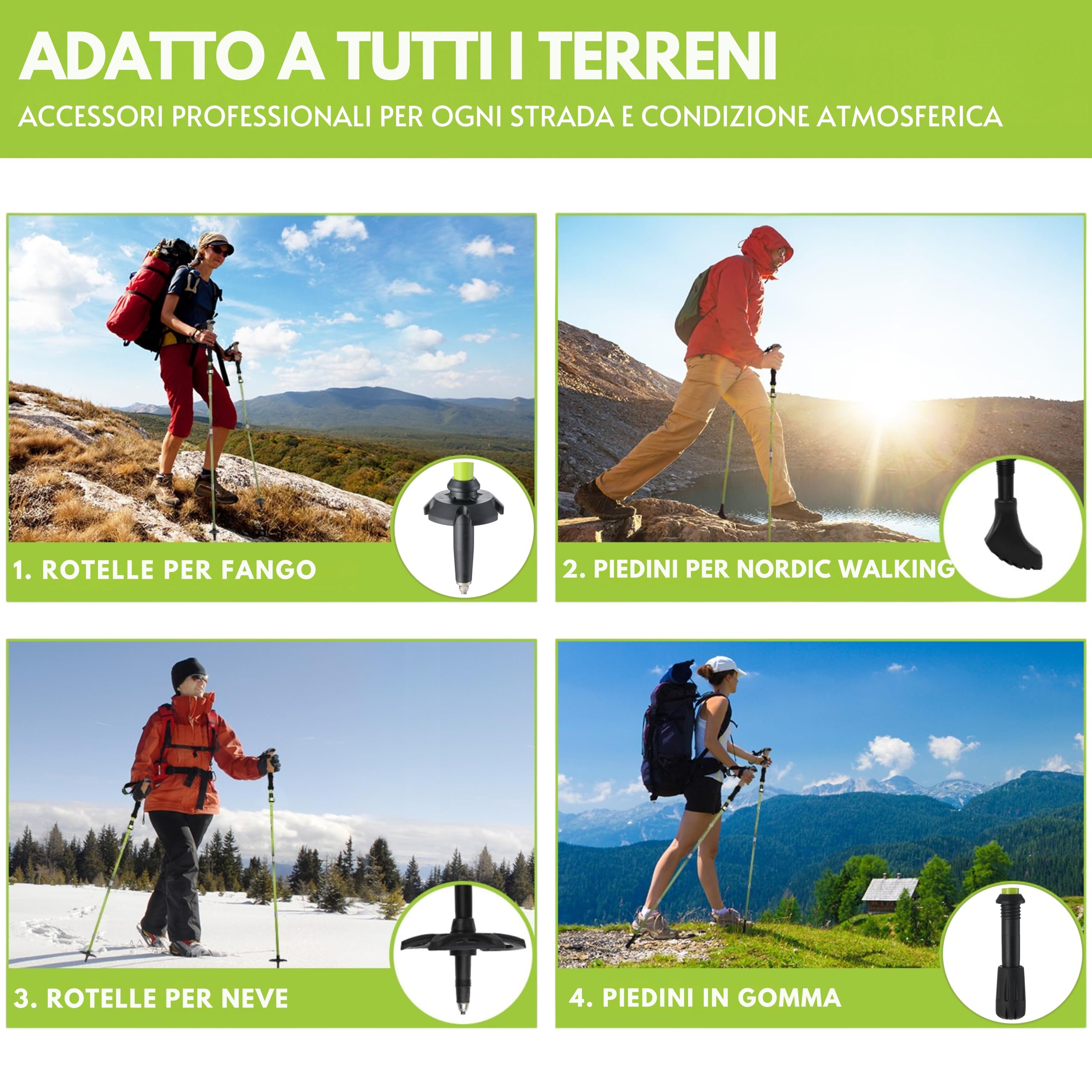 Bastoni da trekking pieghevoli in carbonio, per uomo e donna, leggeri e regolabili, 115-135 cm, con manico in sughero e cuscinetto in gomma