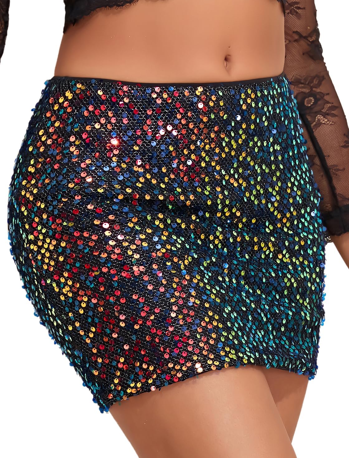 YYA Women's Shiny Sequin Bodycon Mini Skirt Sparkly Glitter Tight Club Party Bodycon Short Skirt for Night Out, Christmas