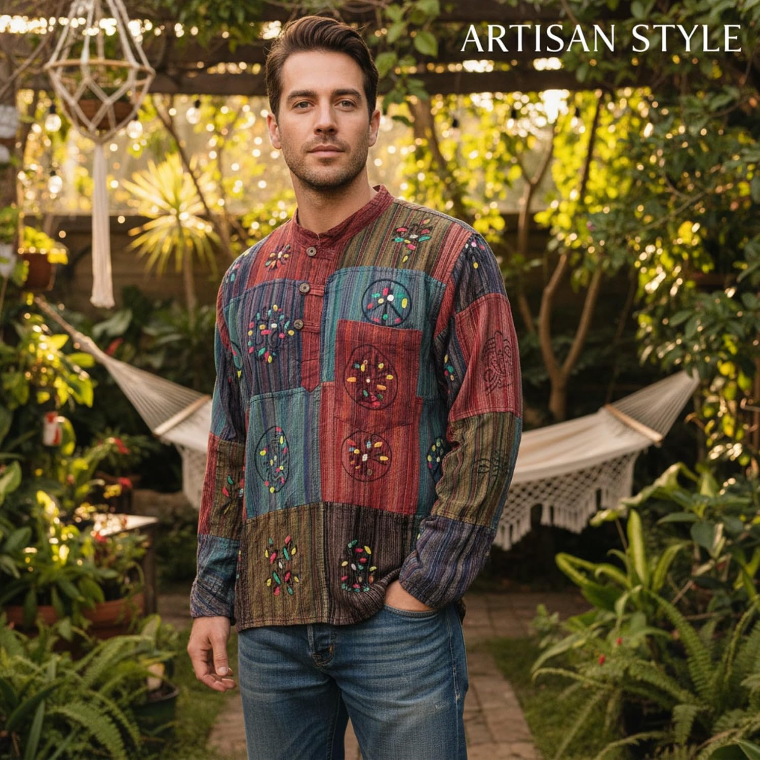 Shopoholic Fashion Mens Patchwork Stripe Hippie Shirt, Handmade Bohemian Summer Festival Clothing
