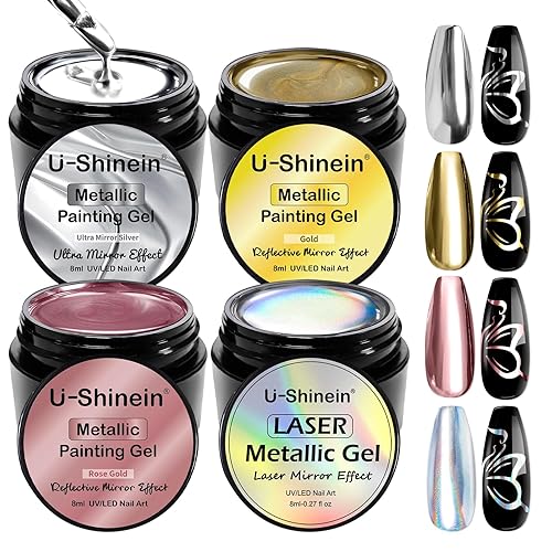 Miniatura 9 de Esmalte de uñas de gel de pintura metálica de 2 x 0.3 fl oz, esmalte de uñas de gel pintado plateado y dorado, pintura de metal 3D, esmalte de gel