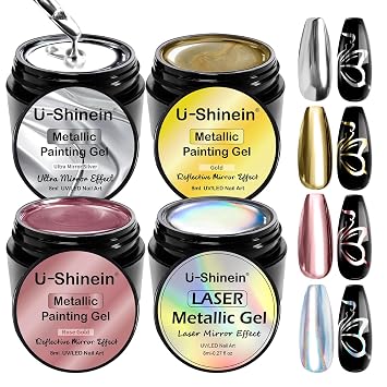 4x8ml Metallic Painting Gel, Super silver gold laser rose gold mirror, 3D Metal Painting Gel Drawing Mirror Nail Gel Polish High Gloss Long-lasting Soak Off UV/LED DIY Nail Art Design