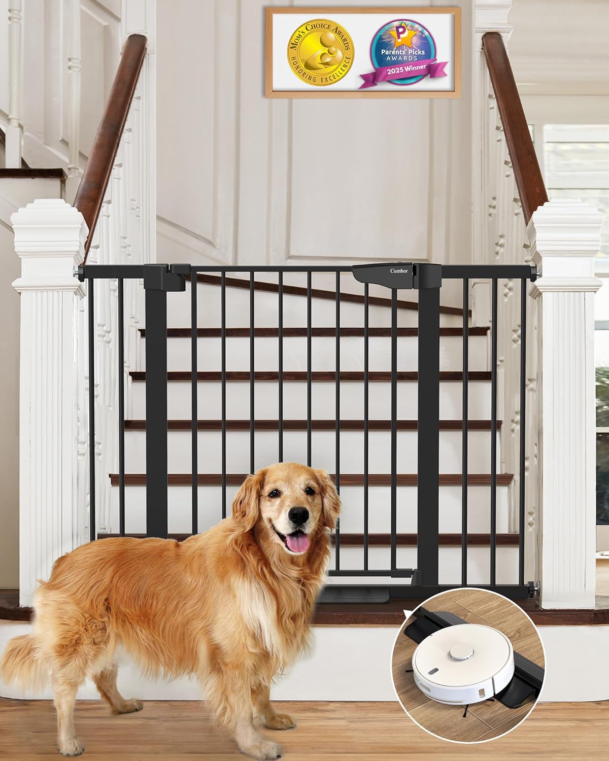 Cumbor 29.7-46 Baby Gate for Stairs, Mom's Choice Awards Winner-Auto Close Dog Gate for The House, Gifts for Mom, Easy Install Pressure Mounted Pet Gates for Doorways, Black