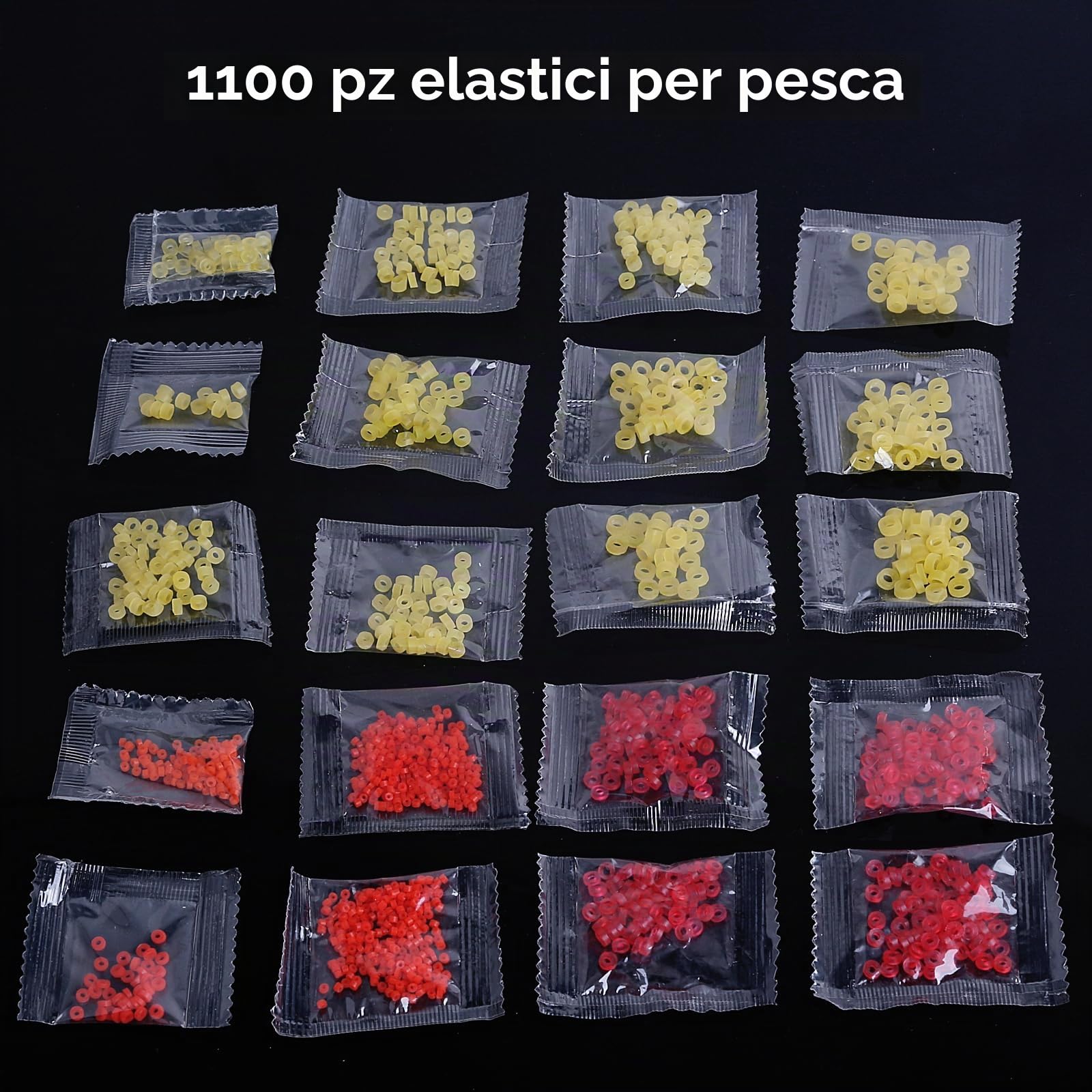 Realure 1100 Anelli con Micro Esche Rosse in Gomma Gialla, con 2 Pezzi di Pellet Bait Bander, Accessori da Pesca per Il Fissaggio Rapido di Esche, Pellet, Falena d'Api, Verme (Blu)