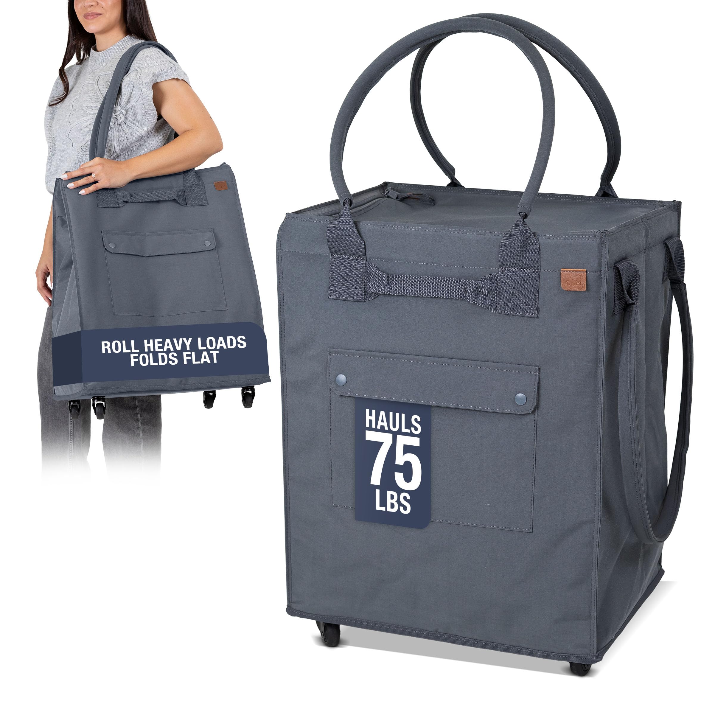 CleverMade Rolling Tote Bag With Wheels, 90L, 75 lb, Gunmetal