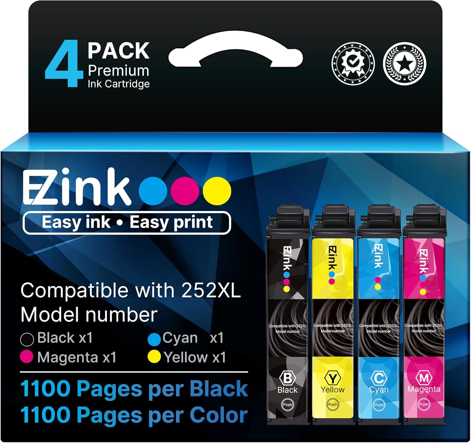 E-Z Ink Remanufactured Ink Cartridge Replacement for 252XL Combo Pack for Epson Printer Workforce WF-7110 WF-7720 WF-7710 WF-3620 WF-3640 (1 Large Black, 1 Cyan, 1 Magenta, 1 Yellow) 4 Pack