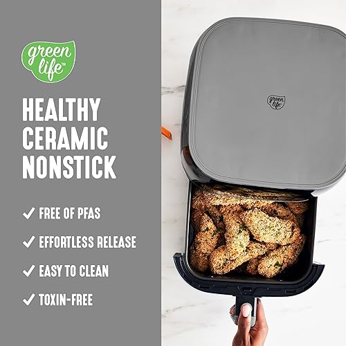 Miniatura 2 de GreenLife Compact Electric Air Fryer Oven, 5.3 QT, cajón antiadherente de cerámica libre de PFAS, pantalla digital de 8 toques con un solo toque,