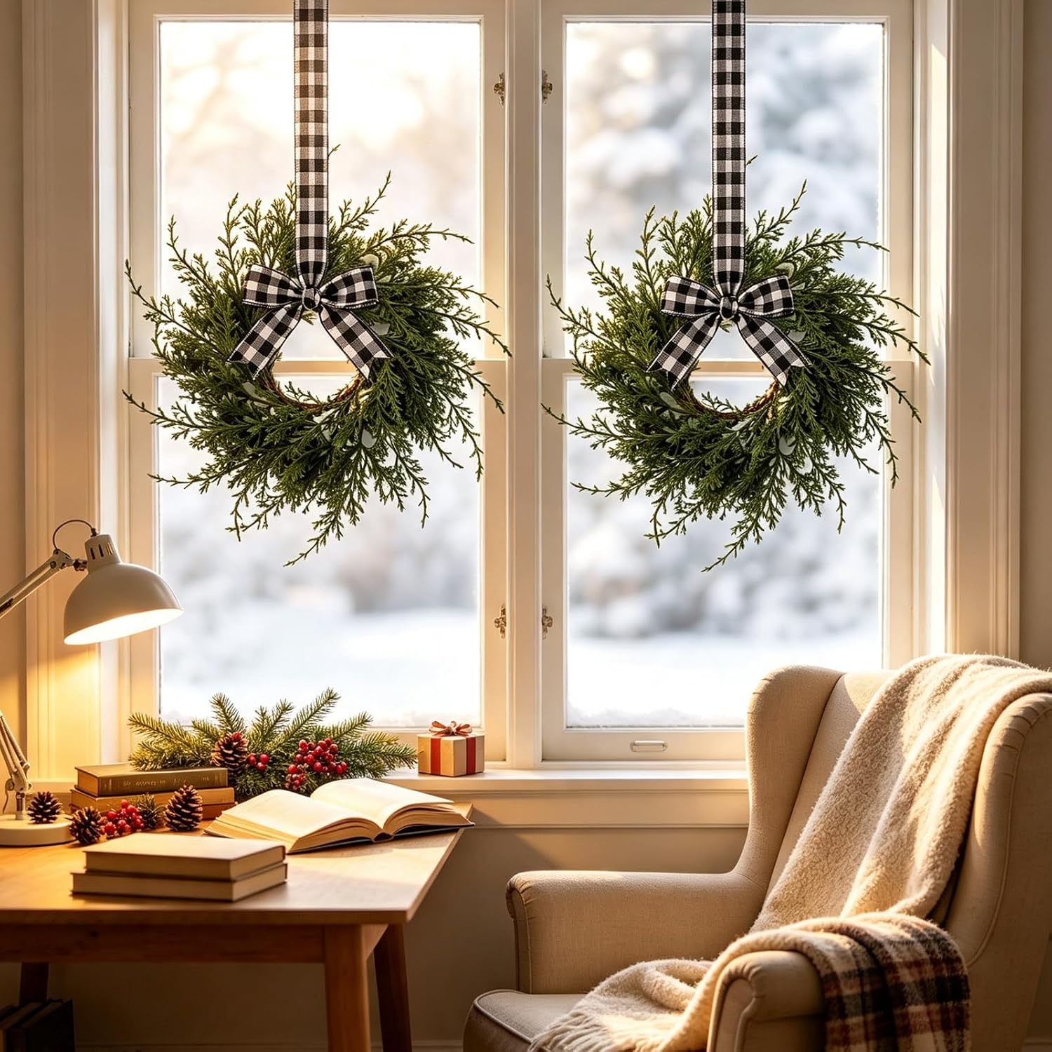 4 Pcs Mini Frosted Pine Christmas Wreaths for Kitchen Cabinet Front Door
