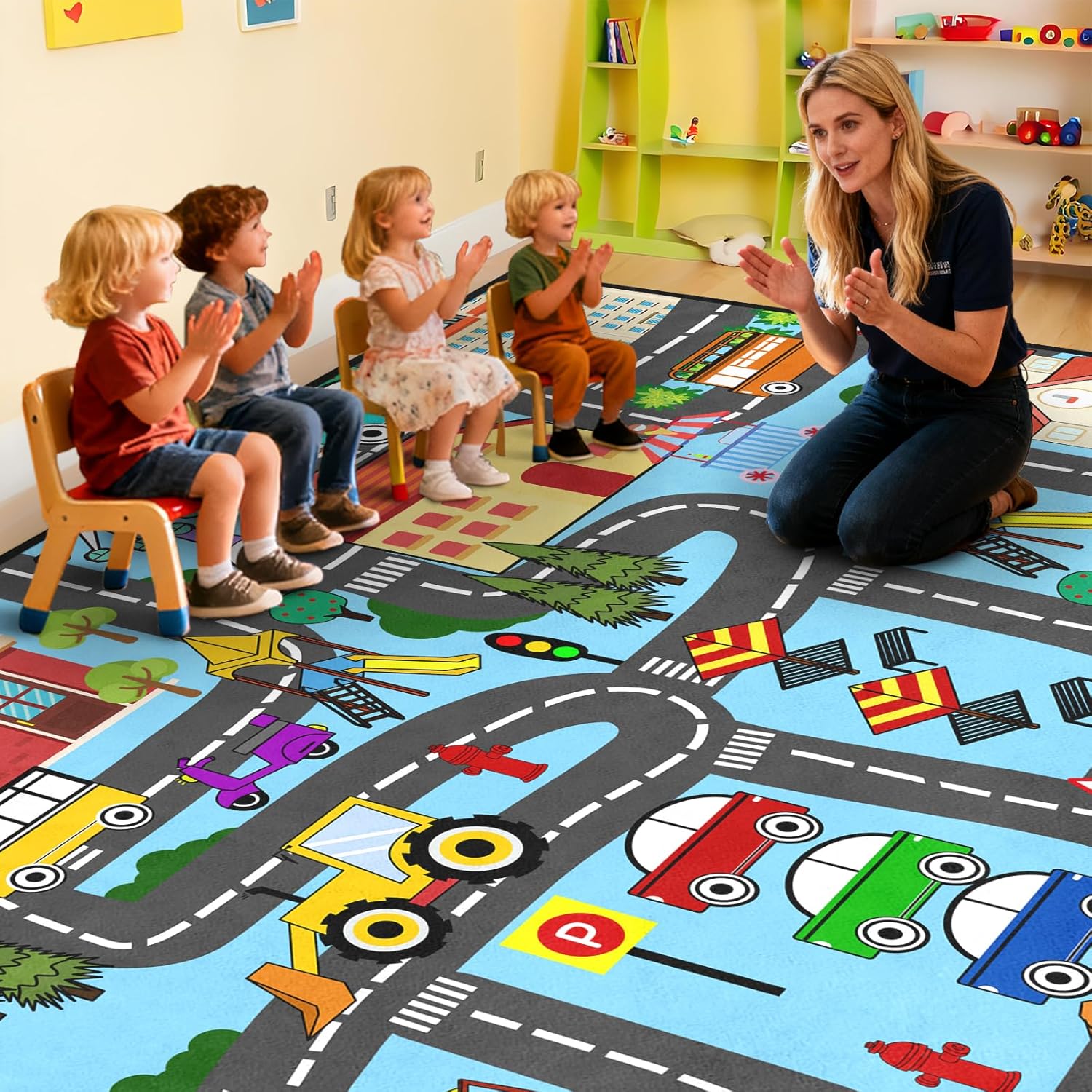 Car Track Rug - Car Rugs for Kids City Life Road Rug for Large Kids Play Mat for Boys Girls Playroom Living Room Bedroom Classroom, 5'×7'