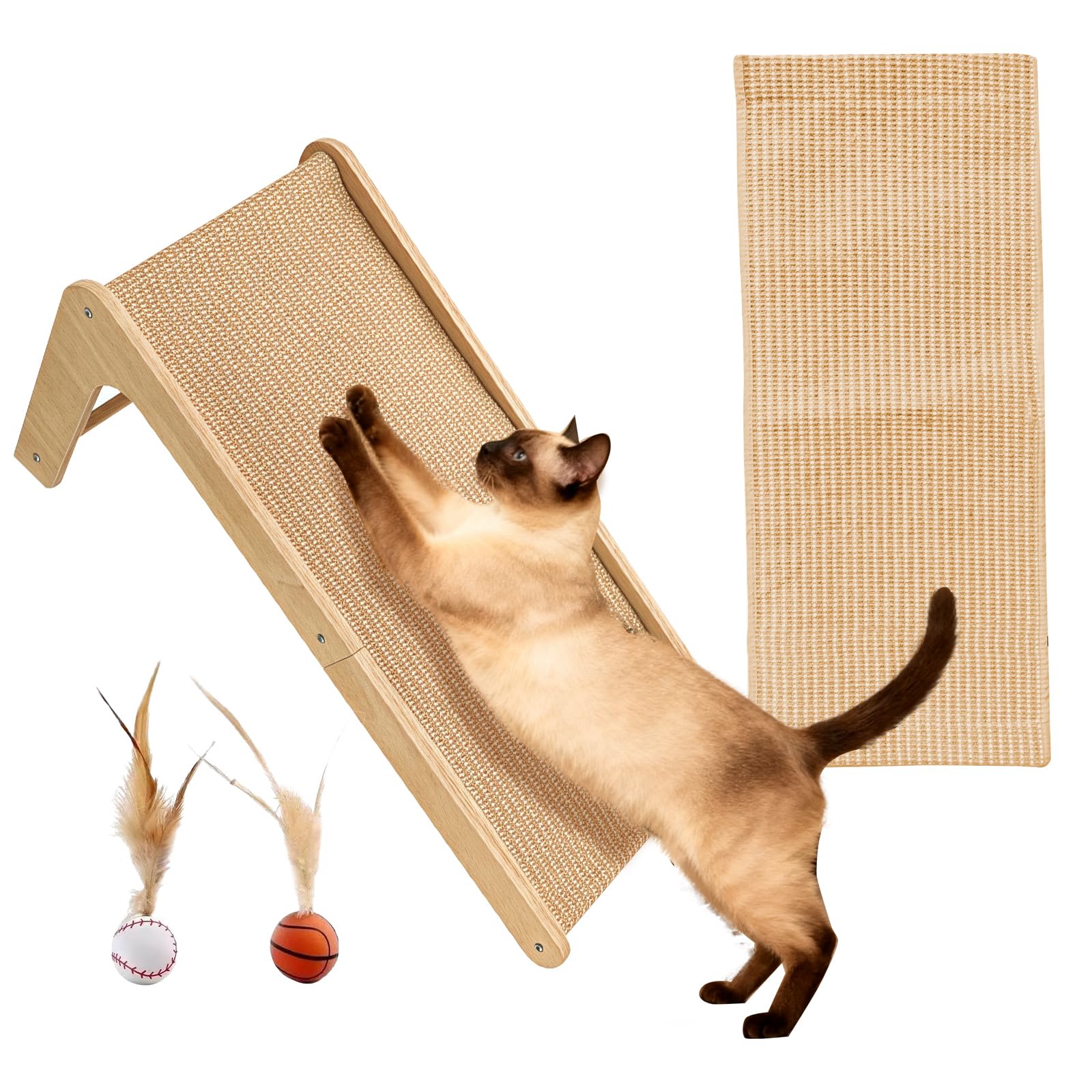 Sisal Katzenkratzer, L-Form 105° Kratzpad, 68 cm hoch Kratzbrett für Indoor-Katzen, Wandmöbelschutz für alle Katzen liegend, Entspannen mit Ballspielzeug