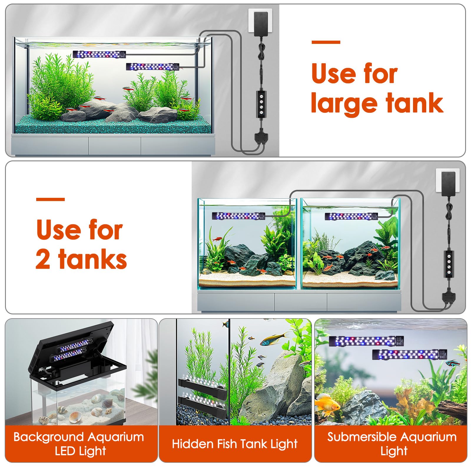 hygger Zweikanal-Tauch Submersible Aquarium Beleuchtung,12W Full Spectrum LED Aquarium Lamp mit 7 Farben und Einstellbarer Helligkeit, Fish Tank Light mit Drei Perlenreihen für 15-60L Tanks(2)