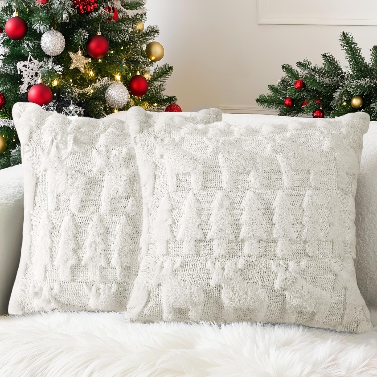 Housse De Coussin De Noël 45x45 Cm - Motif Sapin Et étoiles En Velours - Déco Festive Pour Canapé Et Salon
