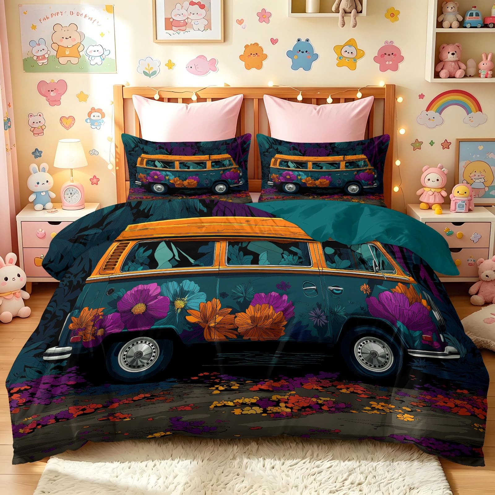Generisch Komplet pościeli w stylu boho z motywem kwiatowym, 200 x 200 cm, zielona, z mikrofibry, poszewka na poduszkę, nie wymaga prasowania i nie gniecie się, poszewka na kołdrę z zamkiem