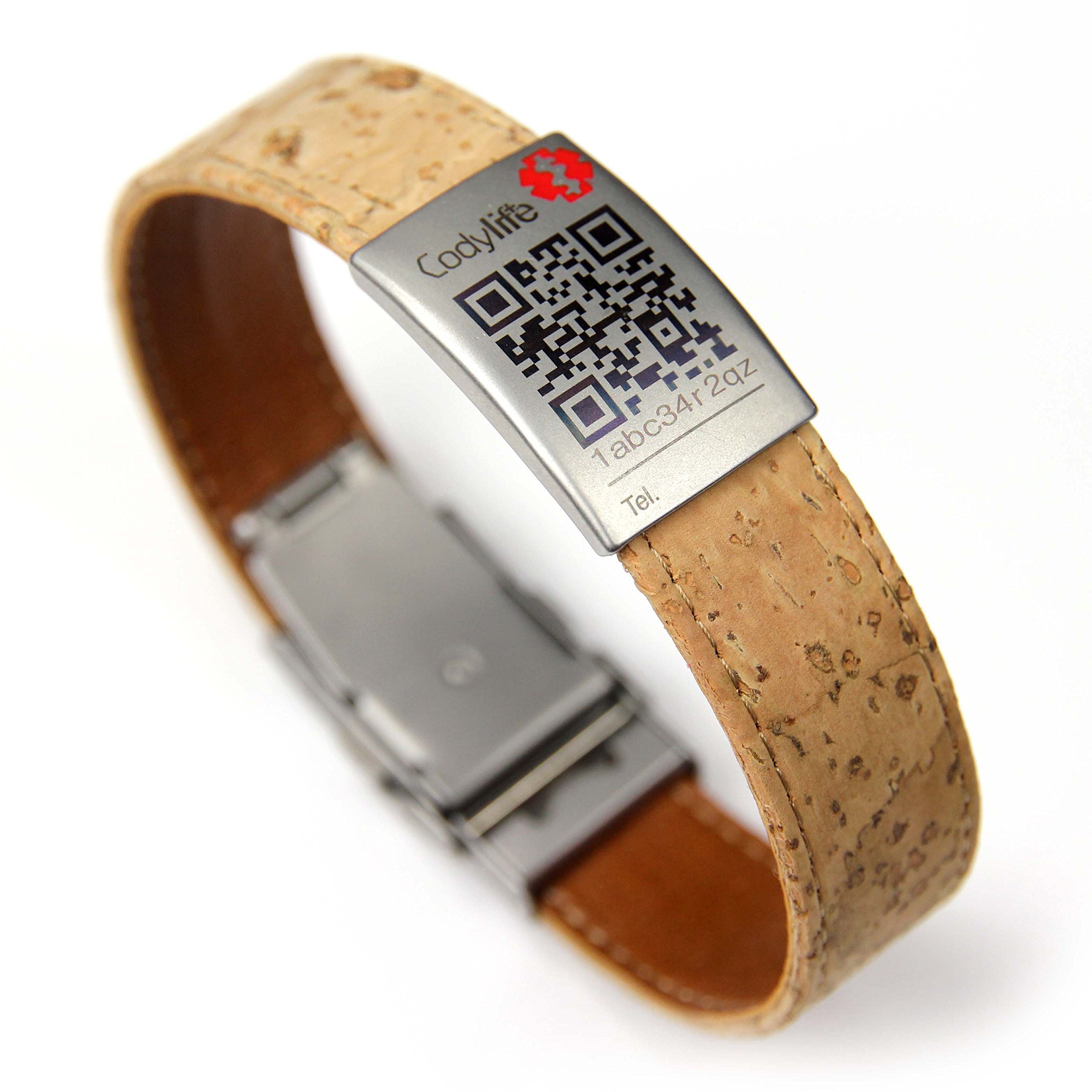 Pulsera identificativa, Codylife Nature. Brazalete de corcho muy resistente y cierre de seguridad. Con código QR.