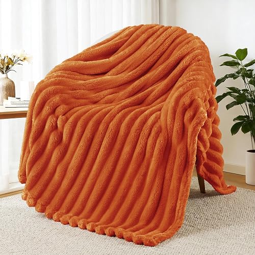 Exclusivo Mezcla Striped Fleece Throw Blanket for Couch, Sofa, Bed, 50"x60" | Soft Breathable Cozy Bed Blankets, Lightweight Plush Fluffy Fuzzy Jacquard Decorative Blankets - Burnt Orange - Throw ( 50x60 IN )