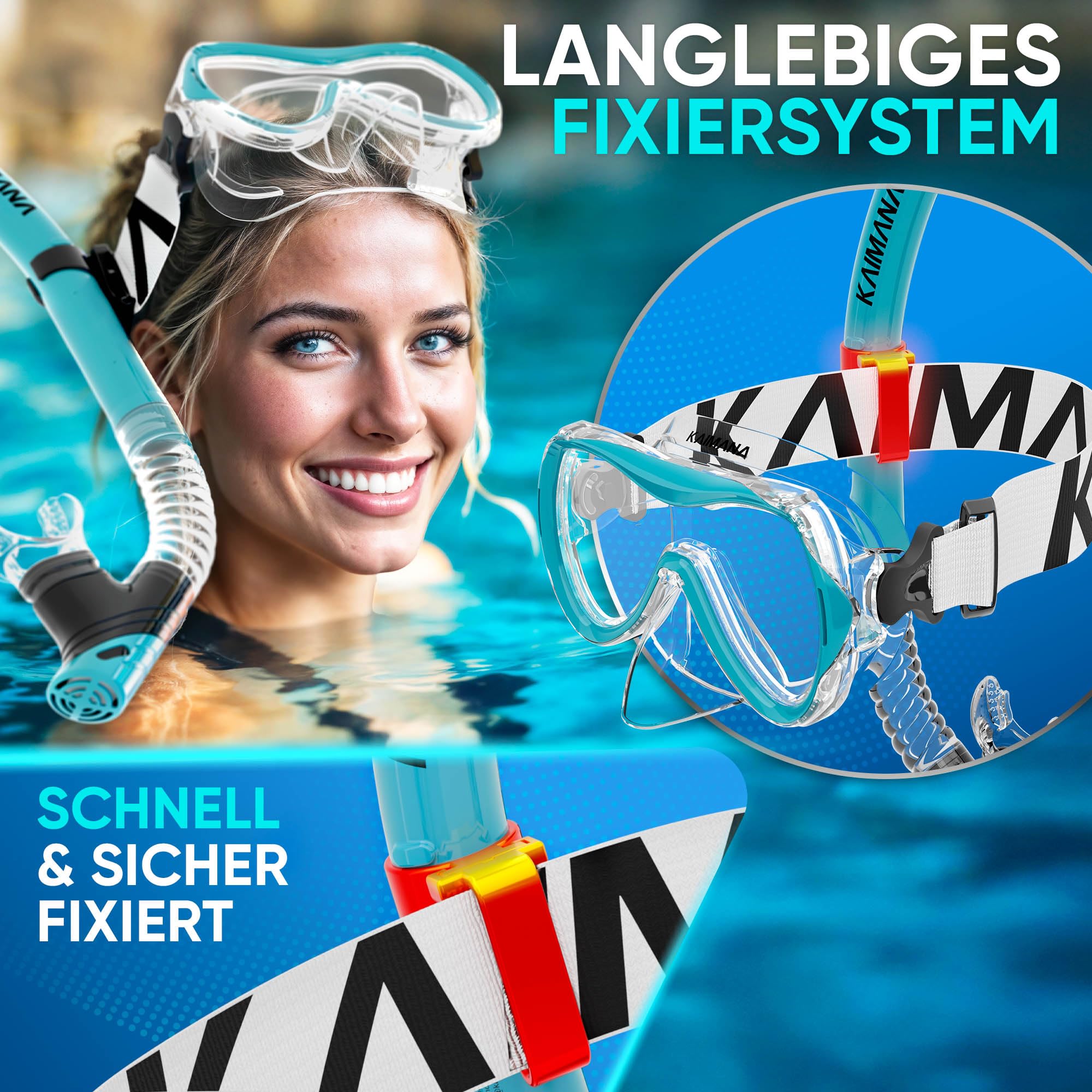Das Neue KAIMANA® AquaVision Elite Schnorchelset für Erwachsene inkl. Tragetasche, Bequeme Taucherbrille Erwachsene, Alternative zur Schnorchelmaske, Taucherbrille mit Stoffband/Silikonstrap