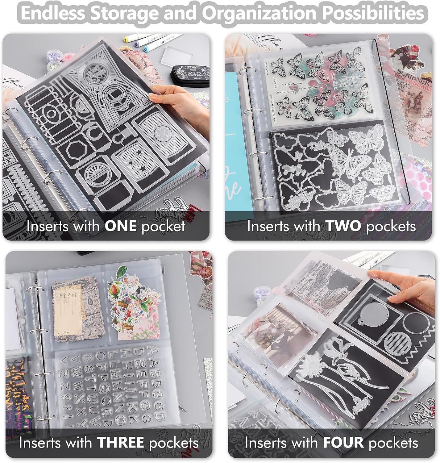 31Pcs/Set A4 Die Storage Book Binder, 11.x8.3 Inch 10 Pcs 0.3mm Thickness Magnet Sheets for Dies Storage with 1 Pocket Folder and 20 Inserts Pages 1/2/3/4 Grids Pockets,Dies Stencil Organizer(Clear)