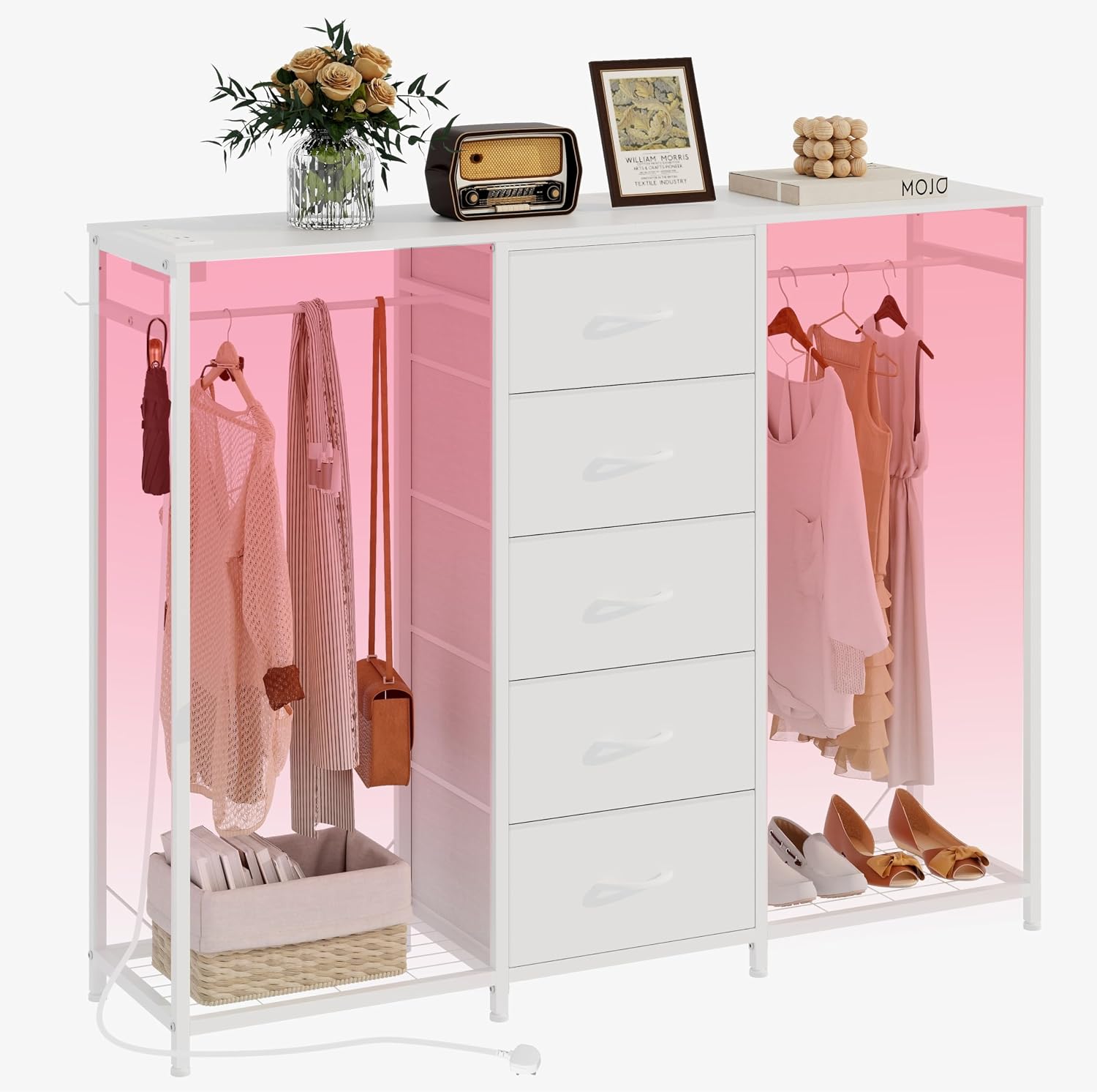 Trironsun 5 Drawer Dresser with Clothes Rack Chest of Drawers with ...