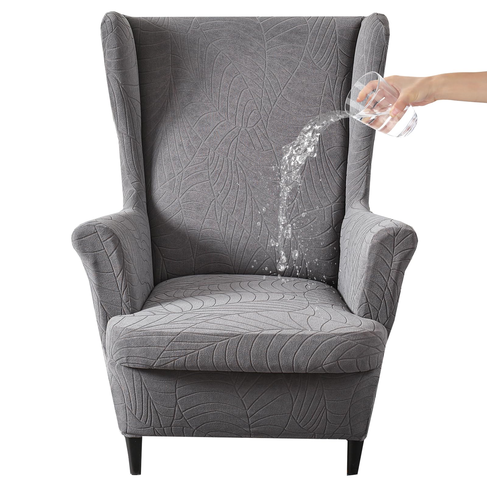 HZDHCLH Wingback Chair Covers 2 Piece With Arms Fashionable Elastic Sofa Protective Chair Cover Furniture Protection Chair Cover Suitable For Armchair Living Room Bedroom Hotel (Dark grey jacquard)
