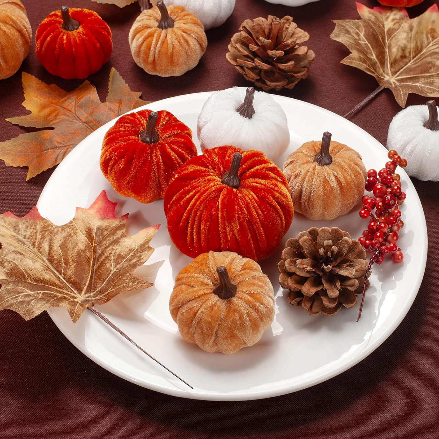21 PCS Fall Artificial Velvet Pumpkins Set, Fake Fabric Pumpkin Faux Foam Pumpkins, Orange Khaki White Pumpkin Decorations for Fall Harvest Thanksgiving Farmhouse Table Centerpiece
