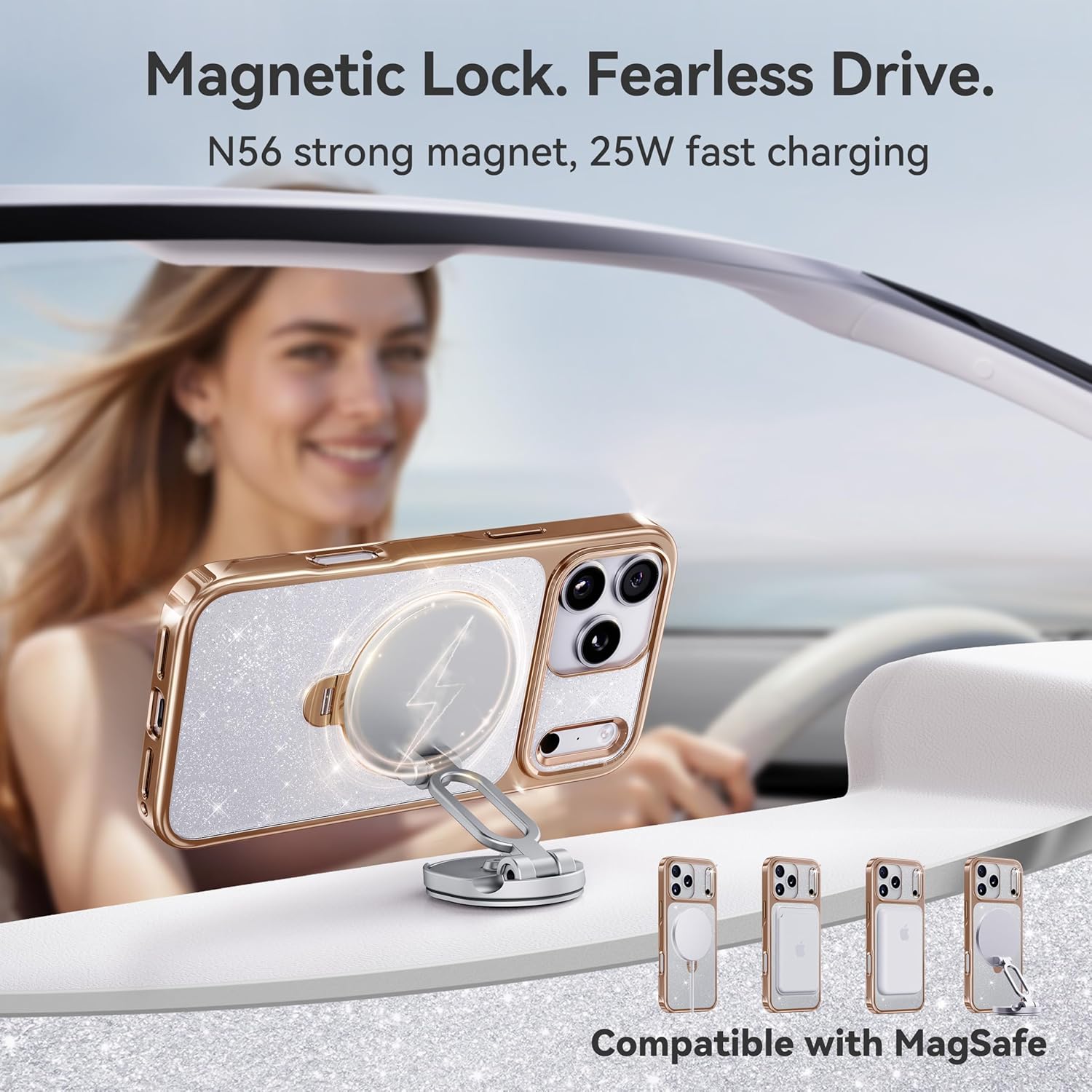 CASEKOO Rose Gold Pearl Sparkle 360 Spin Magnetic Stand for Glossy iPhone 17 Pro Case for Women, Fit for MagSafe, 17FT Drop Protection, Chic Design for 17 Pro Case with Stand, Sparkle Rose Gold - Image 5