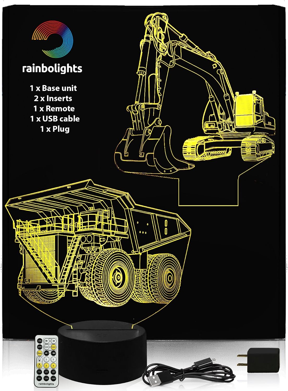 Digger & Dumper Toy Alternative Gift Night Light 2 Designs in 1 Box A Great Toy Alternative Gift Idea Great Gift for Christmas Holidays Comes with Remote Controller Gift for Boys by rainbolights