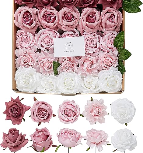 TINGE TIME Flores artificiales, 25 rosas falsas con tallo para ramos de boda, centros de mesa, arreglos, fiestas, baby shower, decoración del hogar