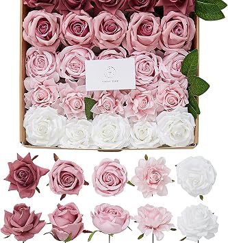 TINGE TIME Artificial Flowers, 25pcs Real Looking Gradient Purple Pink Rose Fake Roses w/Stem for DIY Wedding Bouquets Centerpieces Arrangements Party Baby Shower Home Decorations