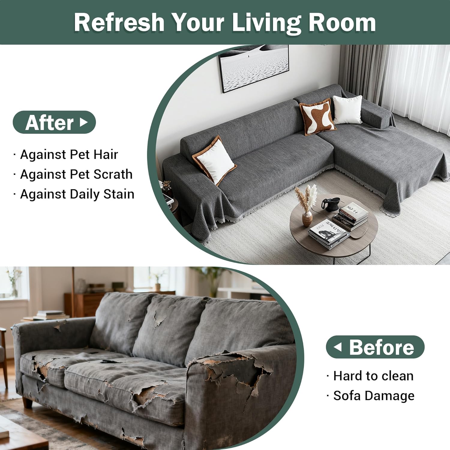 MEETSKY Sectional Couch Cover, 2 Pieces Sofa Covers Washable, Chenille Couch Covers for 2 Cushion L Shaped Sofa Slipcover Multi-Use Furniture Protector for Dogs (X-Large, 71"x118"+71"x118", Dark Grey)