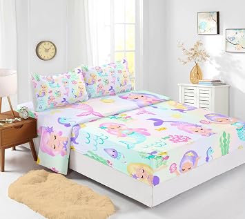 Rainbow Mermaid Fitted Sheet Queen Size 4 Piece Fairy Tale Seashell Grass Quilt Bed Sheet Set Starfish Jellyfish Bedding with Deep Pocket, 1 Fitted Sheet & 2 Pillowcases,No Flat Sheet