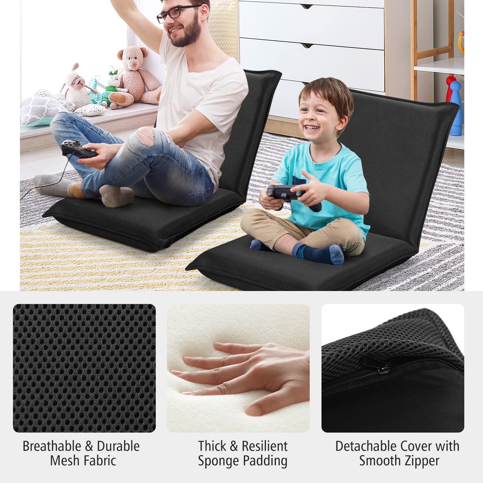 LIFEZEAL Chaise de Sol avec Dossier Réglable en 6 Angles, Siège de Sol Rembourrée avec Surface en Maille, 47 x 54 x 53,5 cm, pour Méditation, Yoga et Camping (Noir)