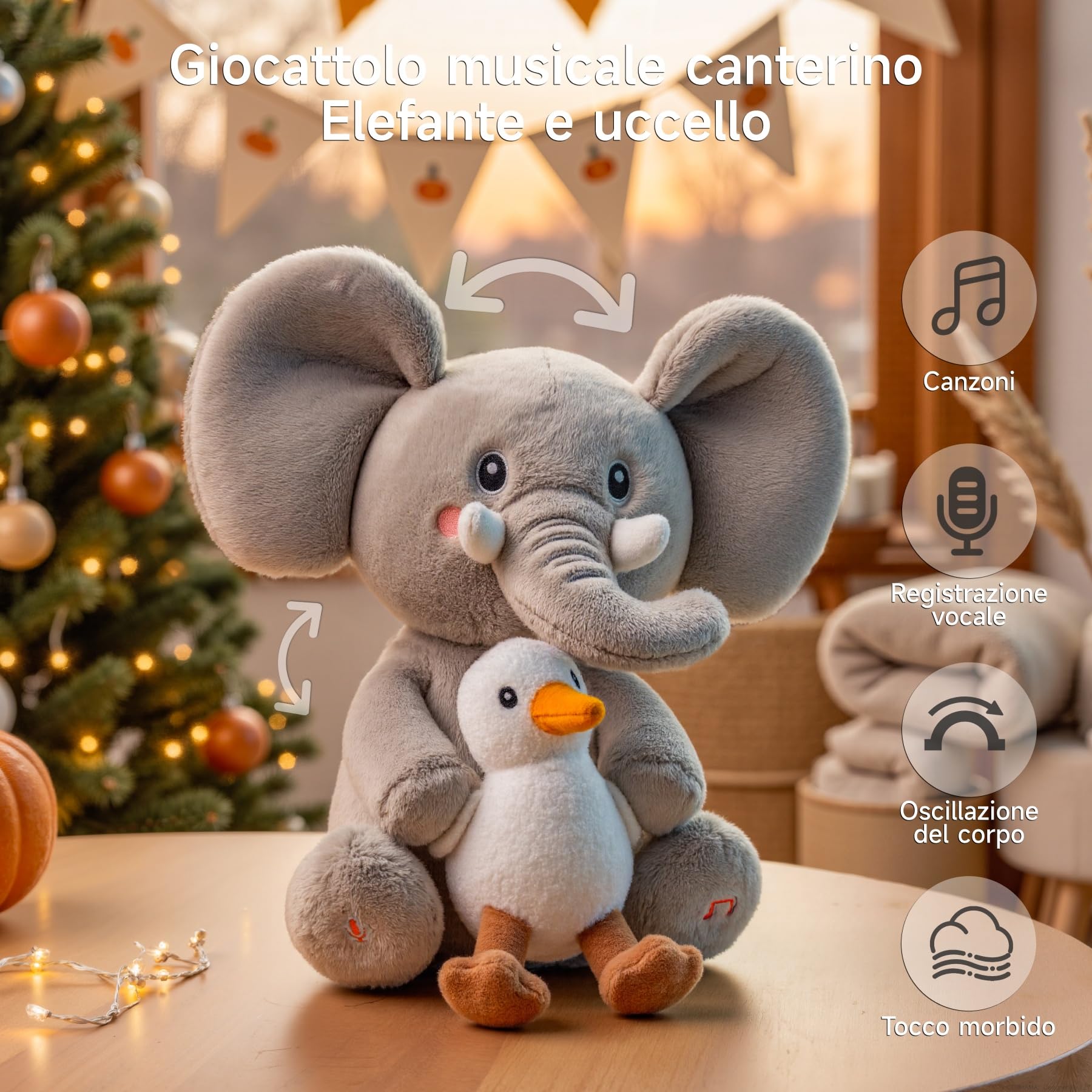 TUMAMA KIDS Giocattoli Elefante Che Balla e Ripete, Peluche Interattivo Animali Parlante Paperella, Elettronico Giocattolo Coccoloso, Copia Parlano, 6 Musica, Testa Ondulante per bambini 3 4 5 8 Anni