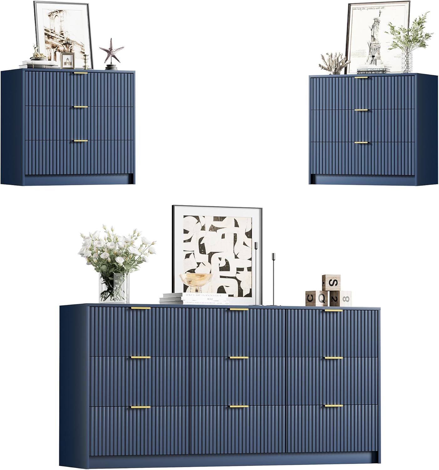 Blue Dresser Bedroom Set 3 Pieces, Nightstands Sets of 2, 9 Drawer Dresser with Gold Handles for Bedroom