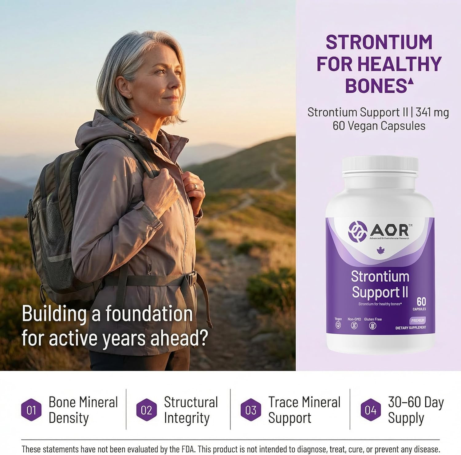 AOR Strontium Support II 341mg, 60 Vegan Capsules, 30-60 Day Supply, Strontium Citrate for Robust Bone Structure & Healthy Mineral Density