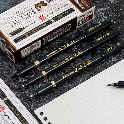 Miniatura 5 de Maxmartt 3 bolígrafos de tinta de artista de 3 tamaños para escribir dibujo, caligrafía china japonesa, shodo, pincel de tinta, bolígrafo de tinta