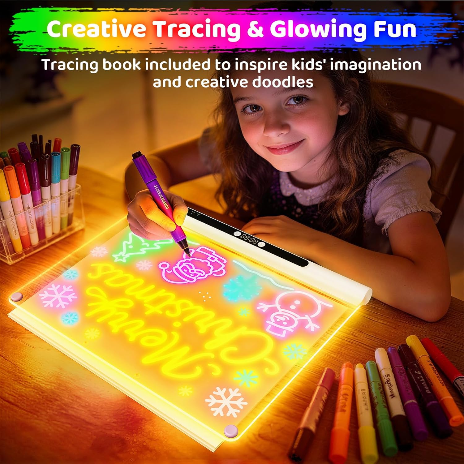 16“ Rechargeable LED Drawing Board, 9-Color Light Modes with Timer & Built-in Stand, Neon Art Dry Erase Glow Up Doodle Note Pad, Sketching Gift Toy for Kids/Girls, 8 Markers