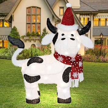 Christmas Lighted Outdoor Decorations32" Cow,3D Lighted-up Christmas Cow | Indoor Outdoor Display with LED Lights,Pre-lit Holiday Farm/Pasture/Home Yard Lawn Patio Garden Decoration