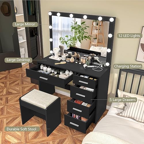 Miniatura 4 de usikey Tocador con Espejo y Luces, Tocador con Toma de Corriente, Tocador de Maquillaje con Espejo Grande y 5 Cajones, Mesa de Tocador con Taburete