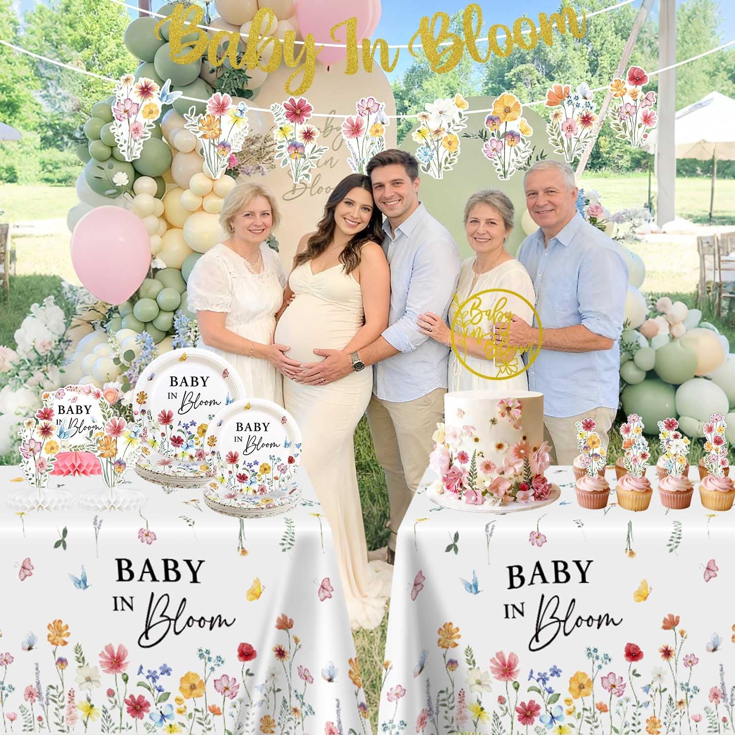 181Pcs Spring Baby In Bloom Baby Shower Decorations Plates Set, Wildflower Floral Baby Shower Paper Plates Napkins Cups Forks Hanging Swirls Banner Cupcake Toppers Centerpieces Tablecloths - Image 3